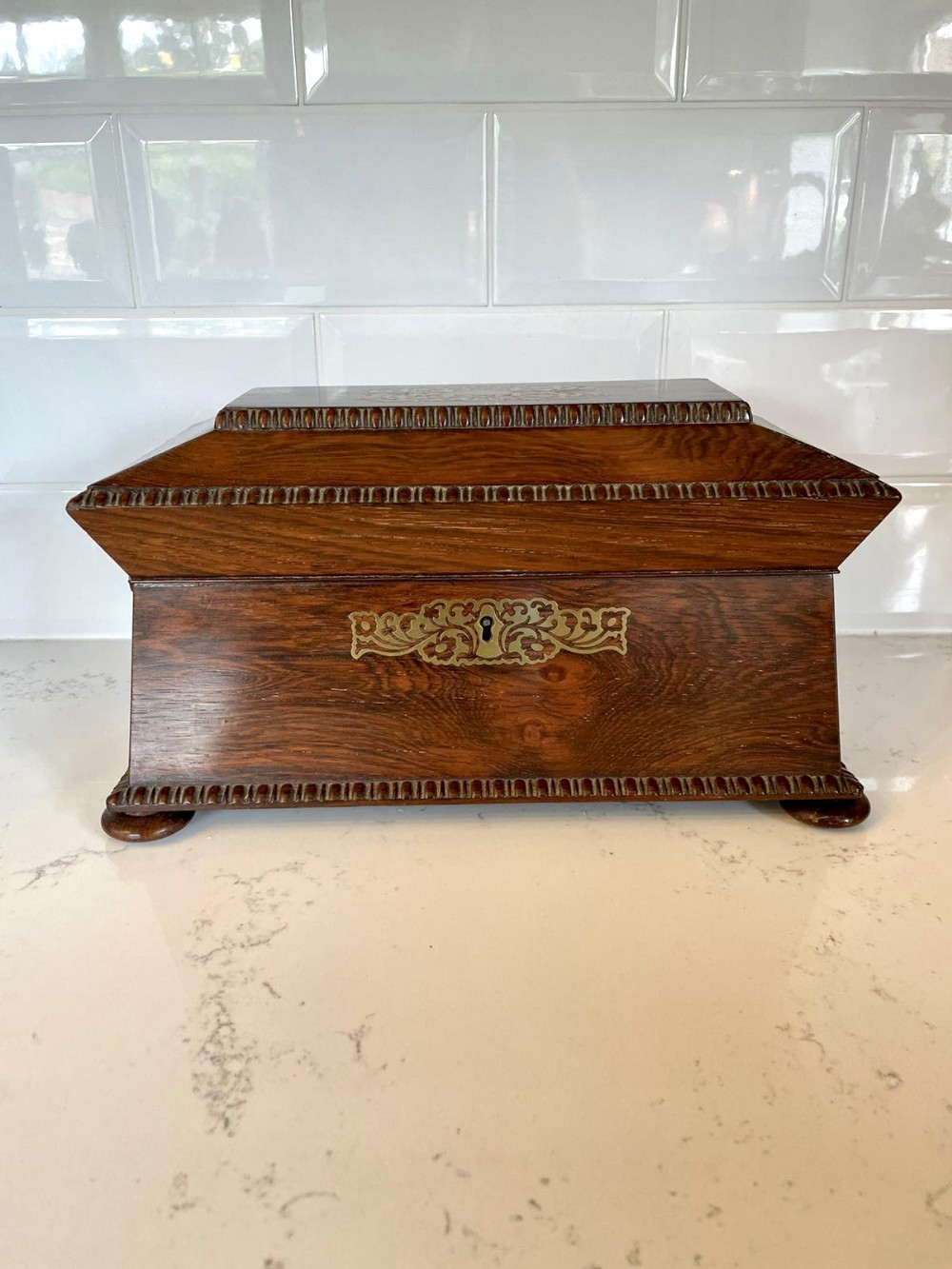 Fine Antique Regency Brass Inlaid Rosewood Tea Caddy