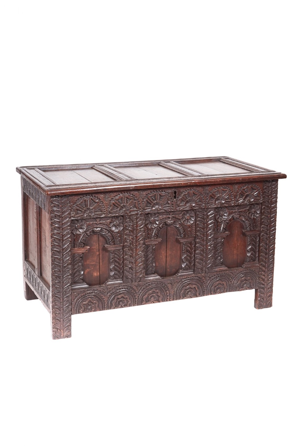fantastic 18th Century antique carved oak panelled coffer