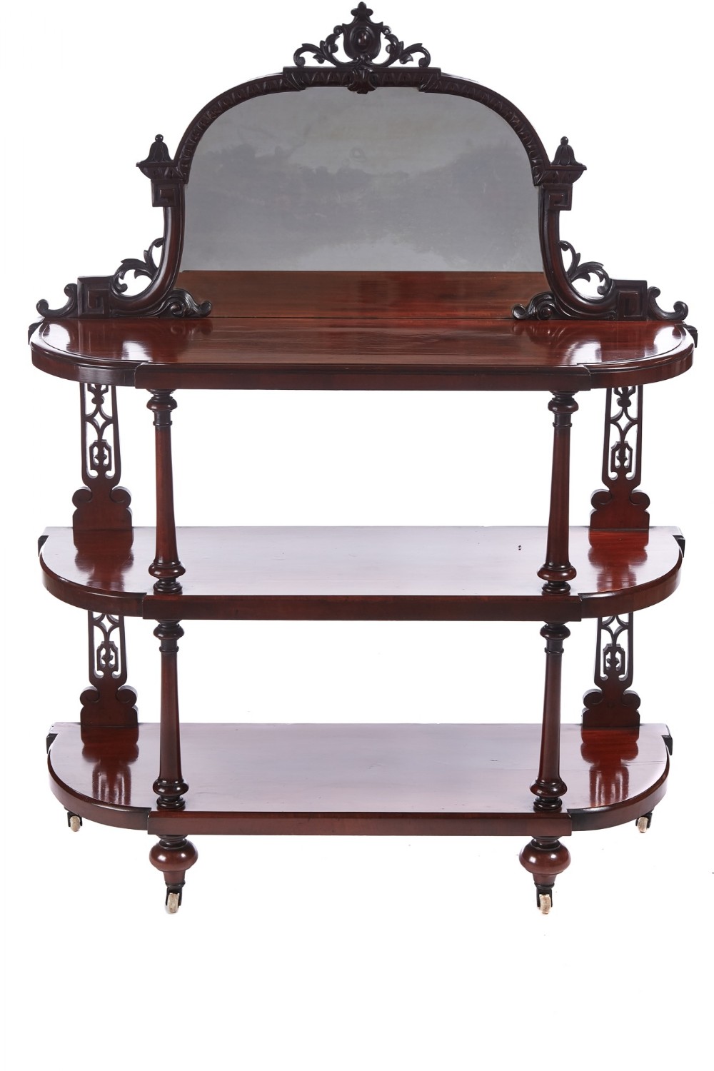 Quality antique Victorian mahogany carved mirror back whatnot