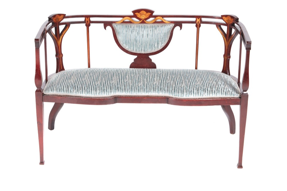 unusual antique Edwardian inlaid mahogany settee