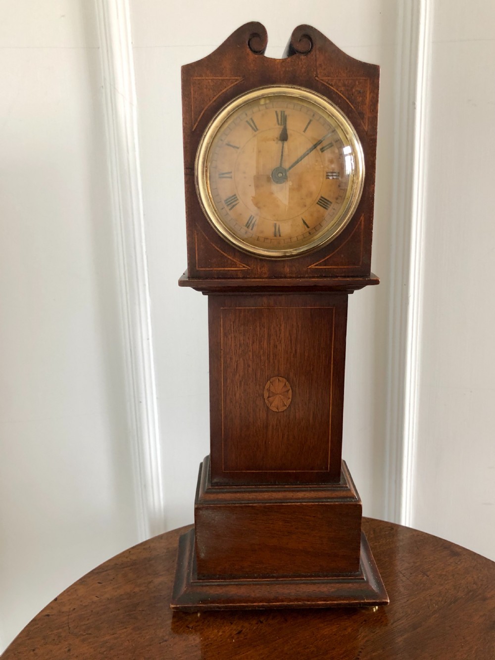 Antique inlaid mahogany apprentice miniature longcase clock