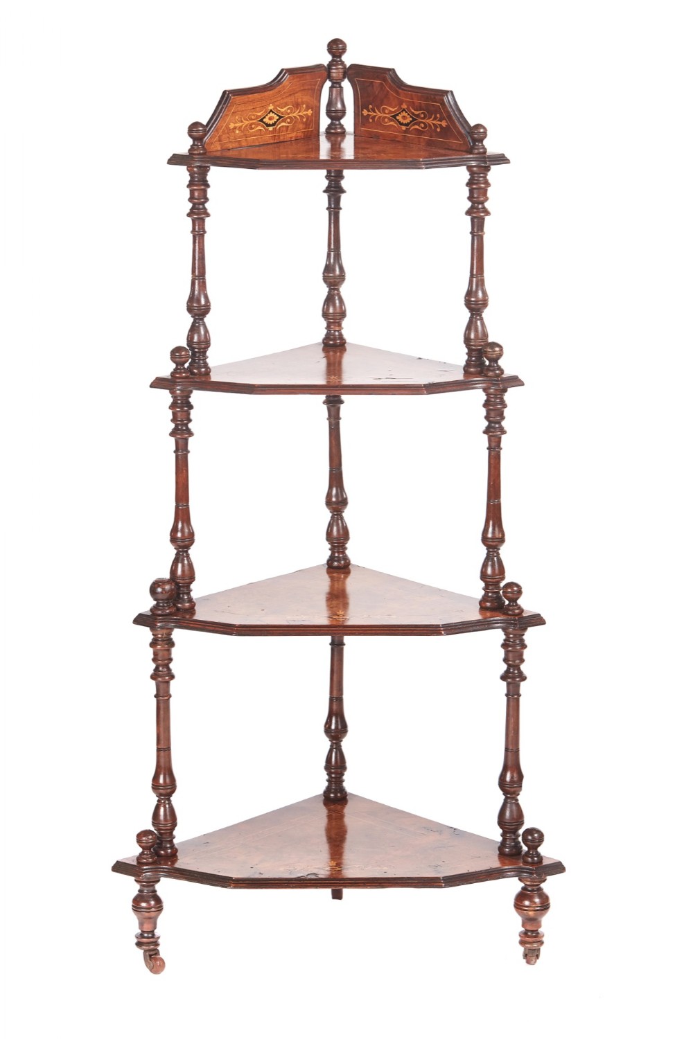  quality 19th Century Victorian antique inlaid burr walnut four tier corner whatnot.
