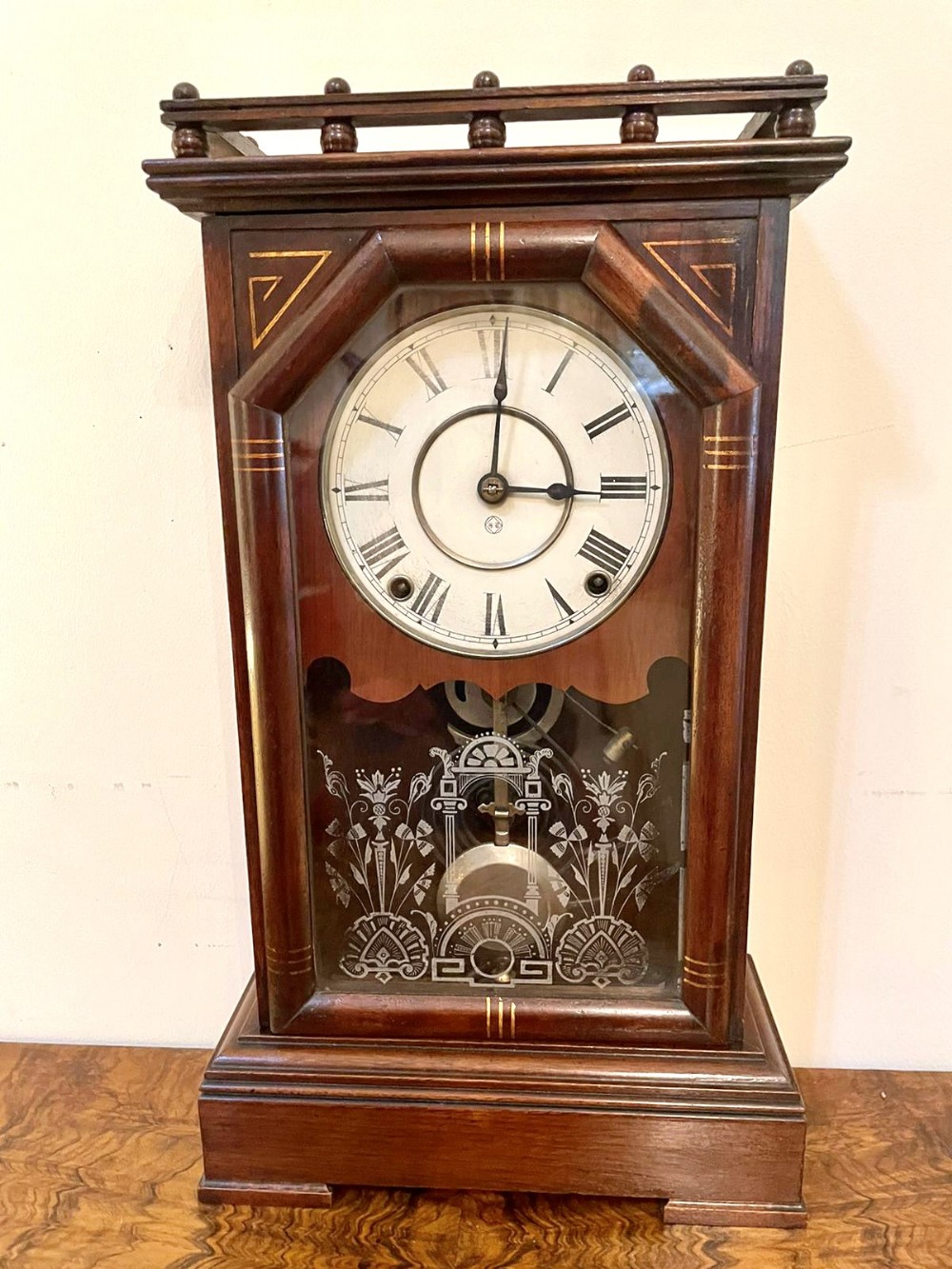 Unusual Antique Victorian Walnut Mantel Clock by Seth Thomas, Connecticut, USA