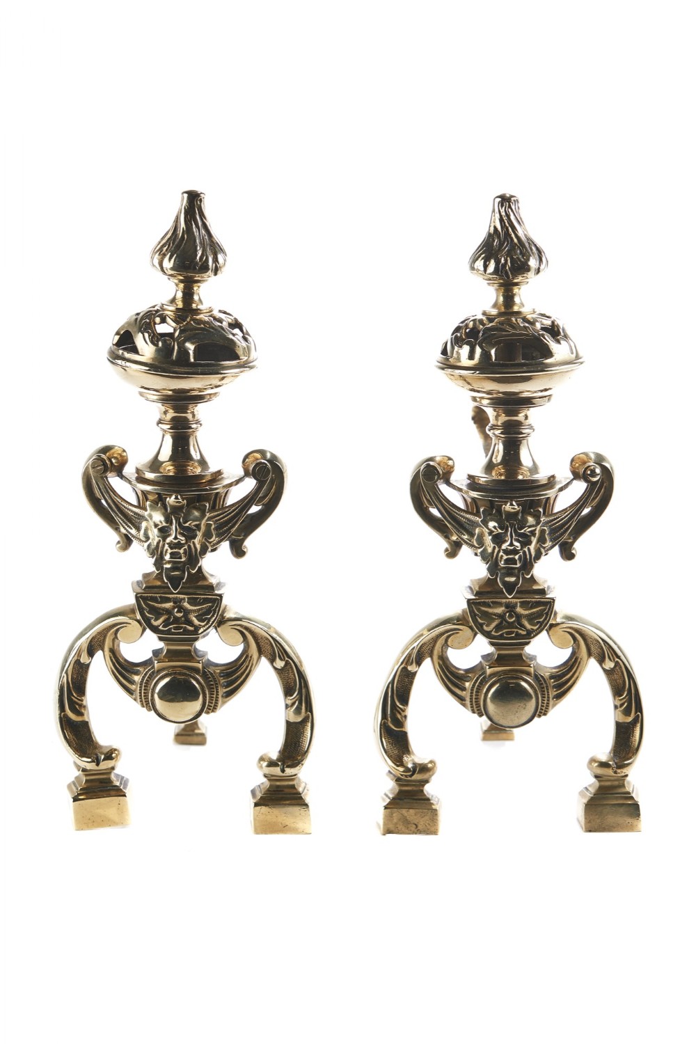 Fine quality pair of antique Victorian ornate brass fire dogs