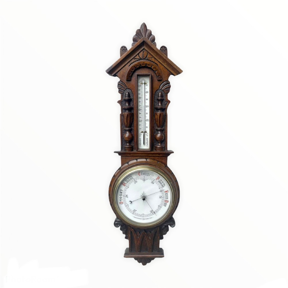 Antique Victorian Carved Oak Banjo Barometer 