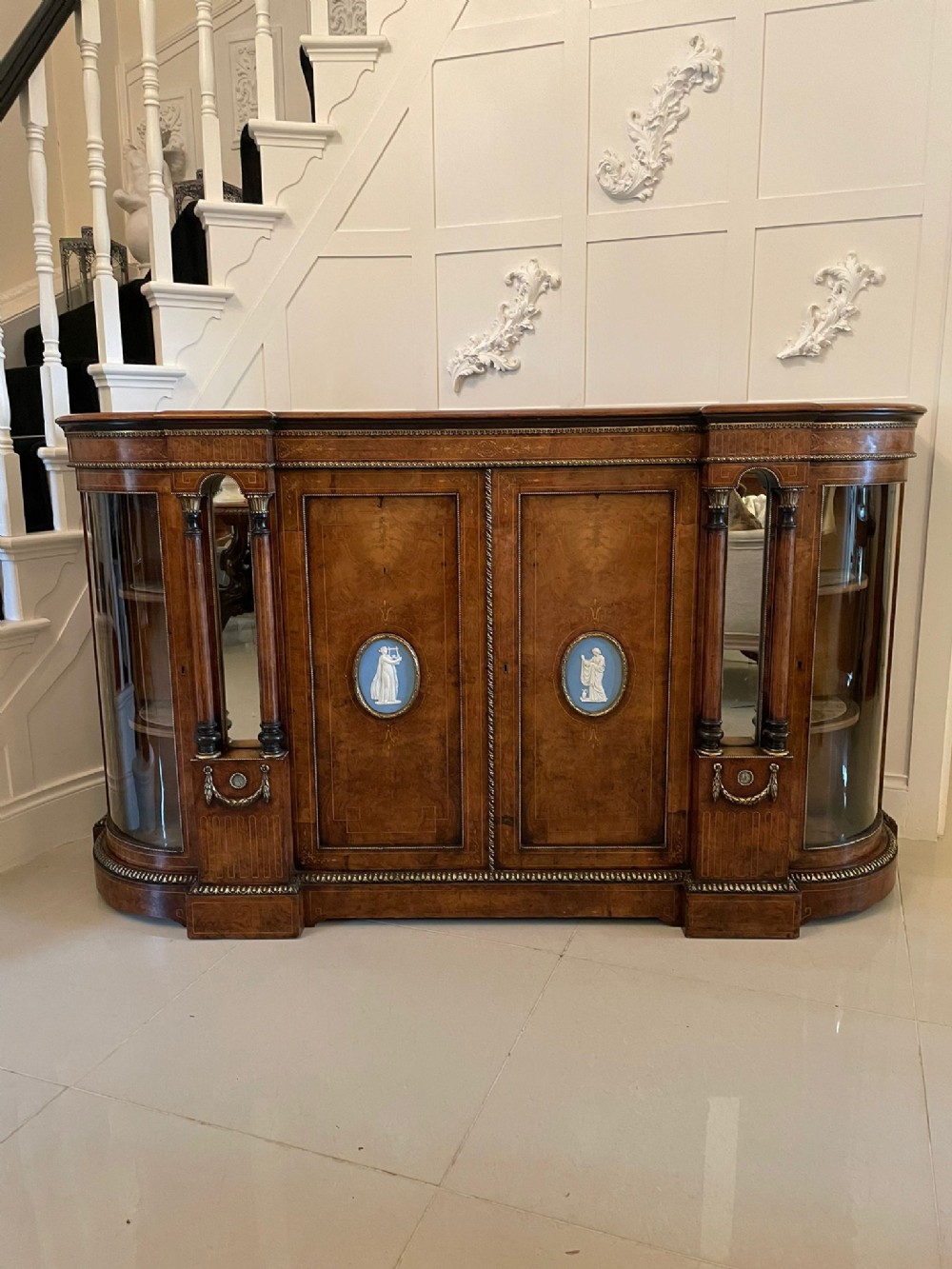 Fine Quality Antique Victorian Burr Walnut Credenza Set with Large Wedgwood Cameo Plaques 