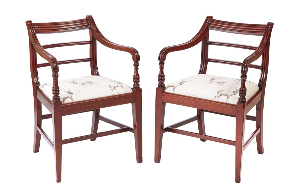 Fine Pair of George III Mahogany Elbow / Desk Chairs

