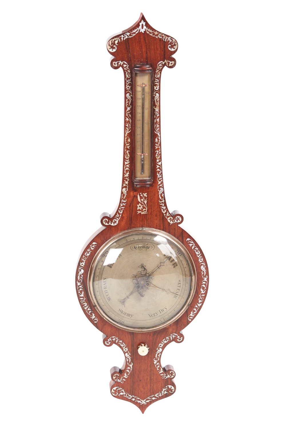 19th Century Antique Rosewood Inlaid Mother of Pearl Banjo Barometer
