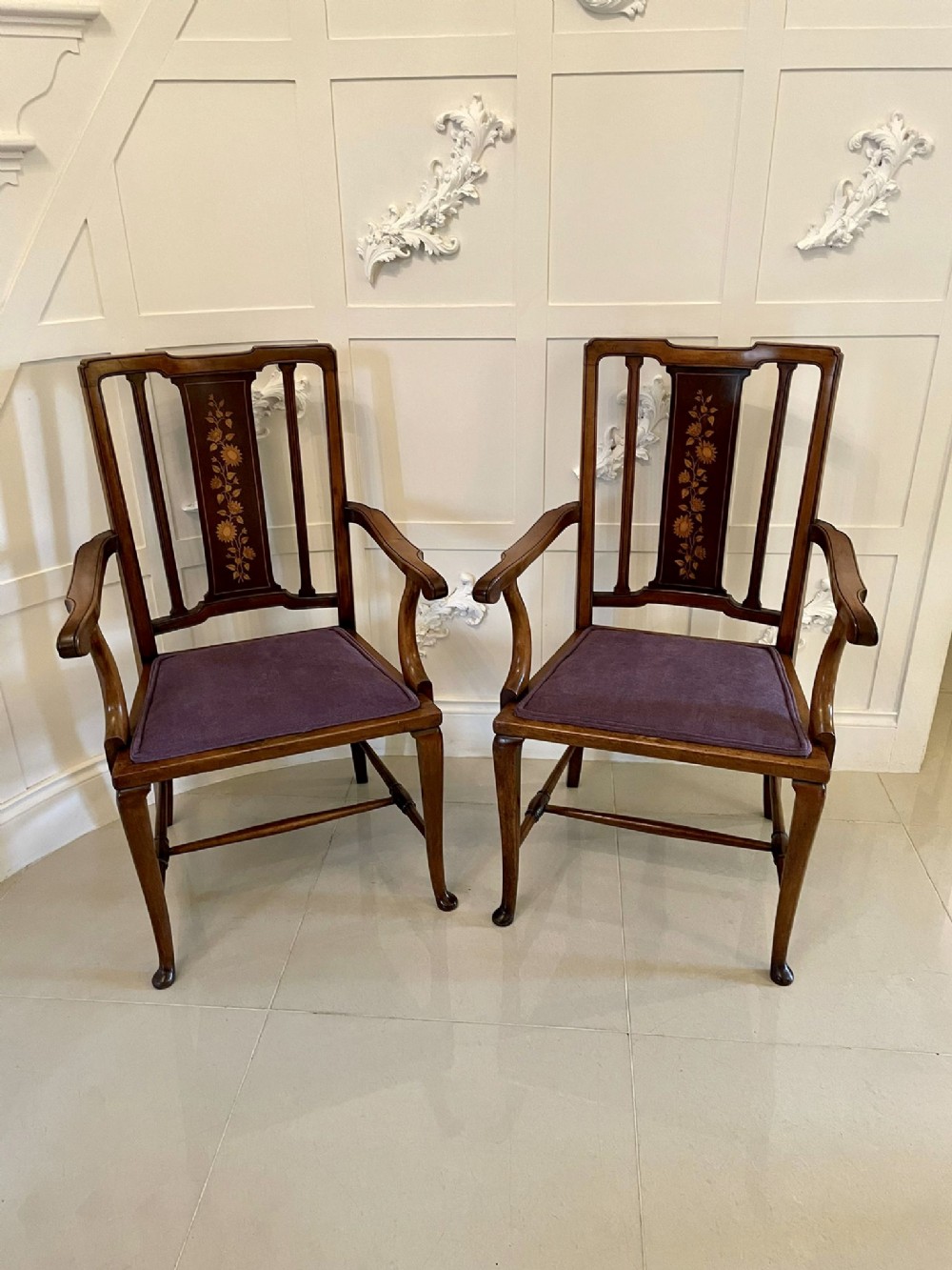 Pair of Antique Edwardian Inlaid Mahogany Desk Chairs 
