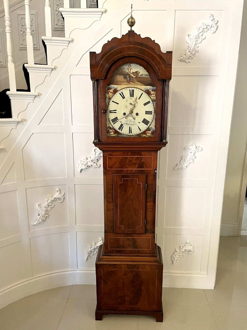 Quality 19th Century Antique Mahogany Inlaid Eight Day Longcase Clock by Ganz of Swansea
