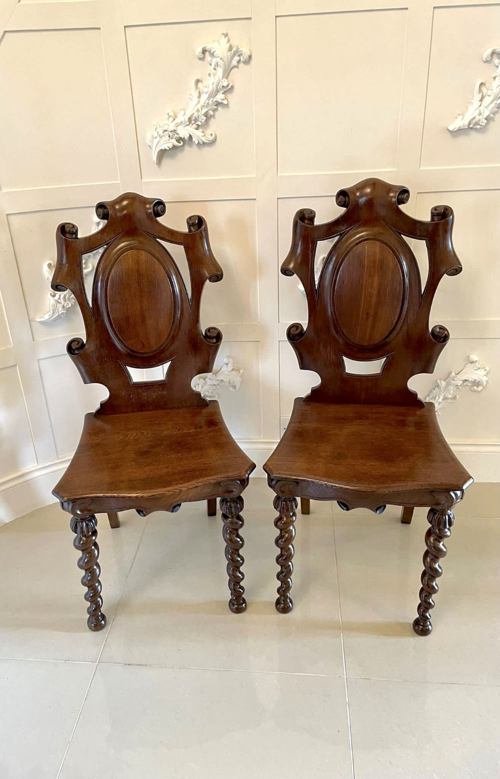  Unusual Pair of Antique Victorian Oak Hall Chairs

