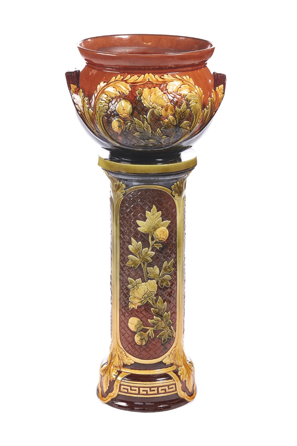   Antique Glazed Staffordshire Pottery Jardiniere on Stand
