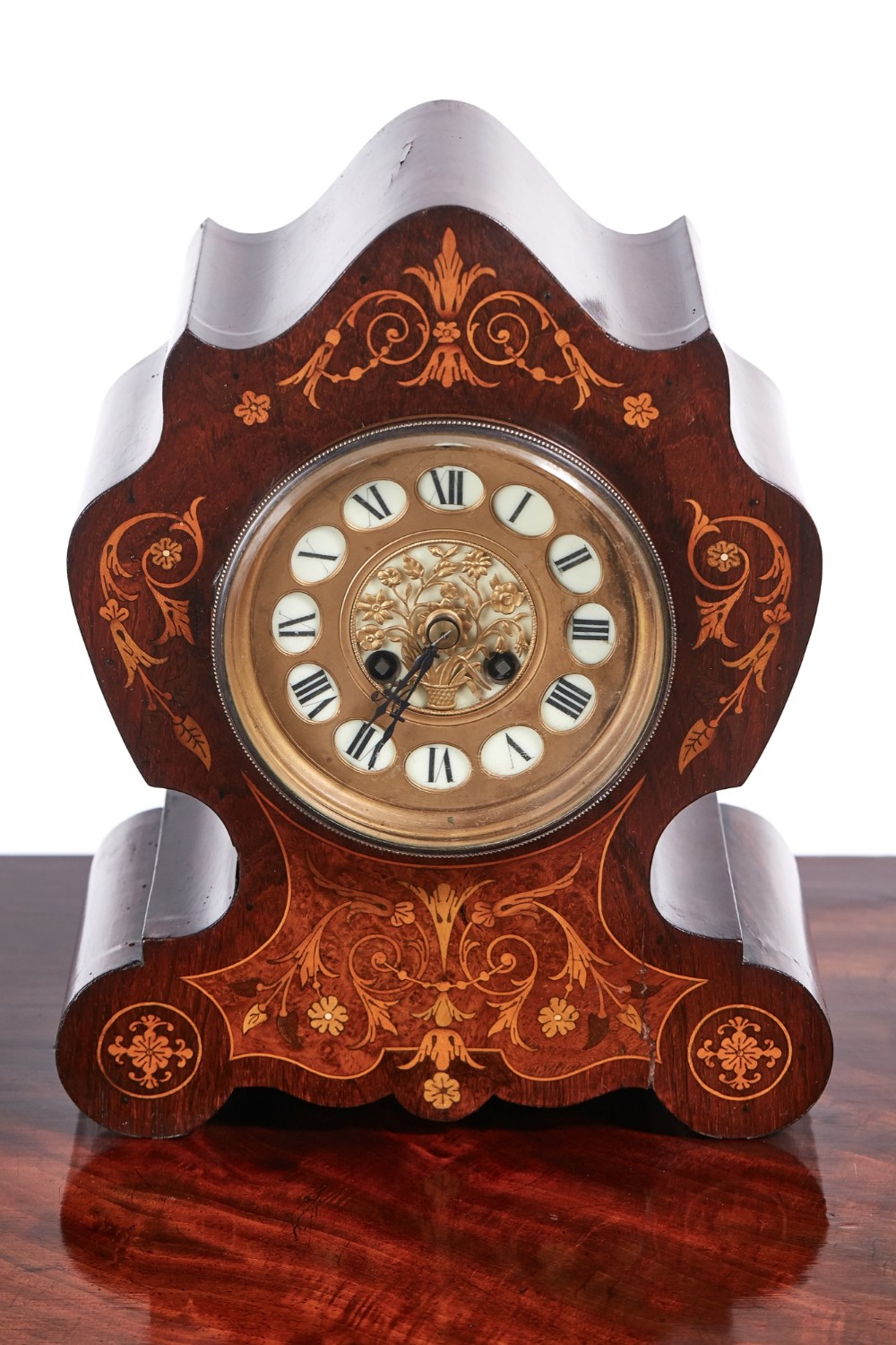  19th Century French Antique Rosewood Marquetry Inlaid 8 day Mantel Clock


