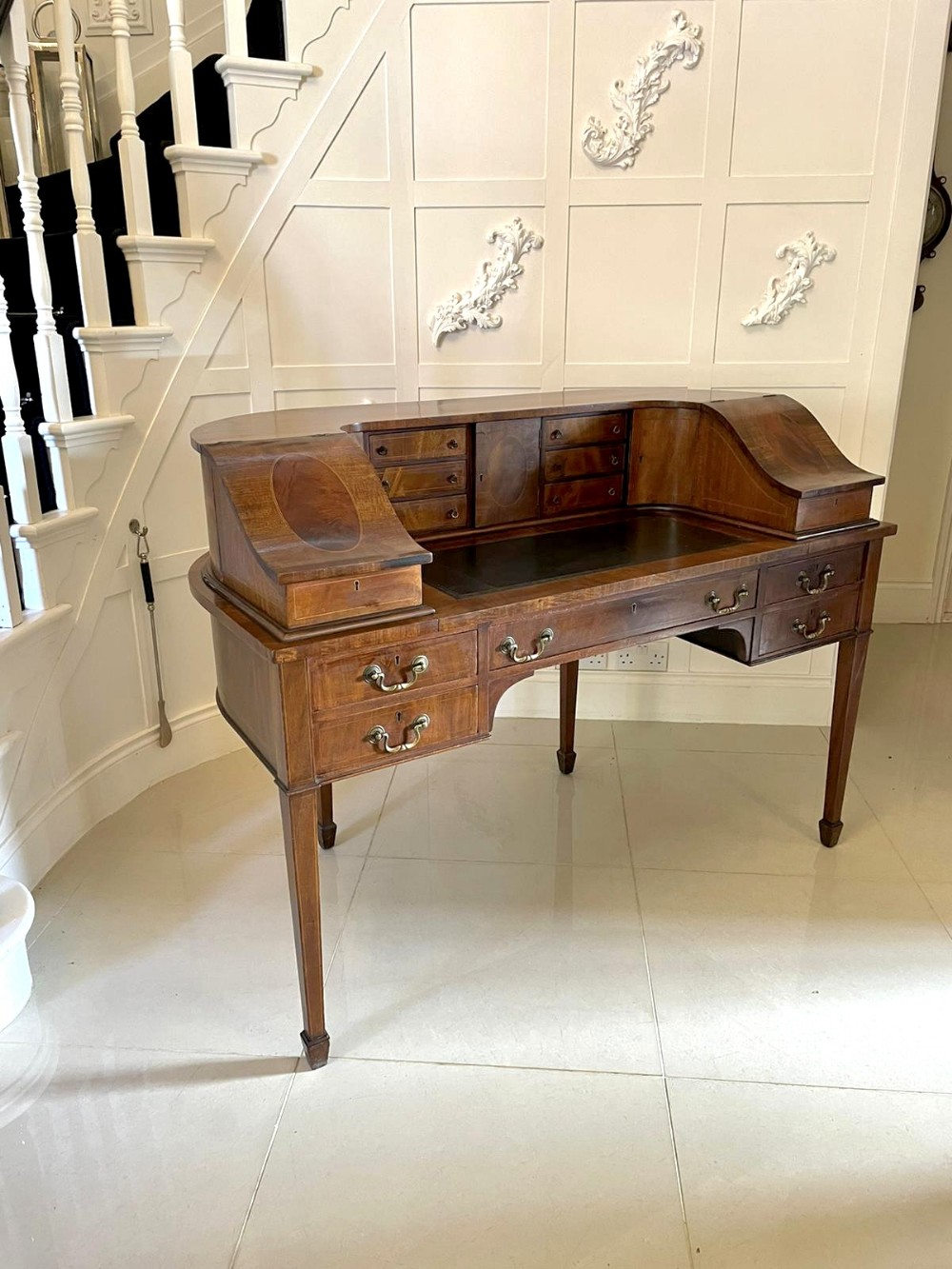  Antique Edwardian Quality Mahogany and Satinwood Inlaid Freestanding Carlton House Desk
