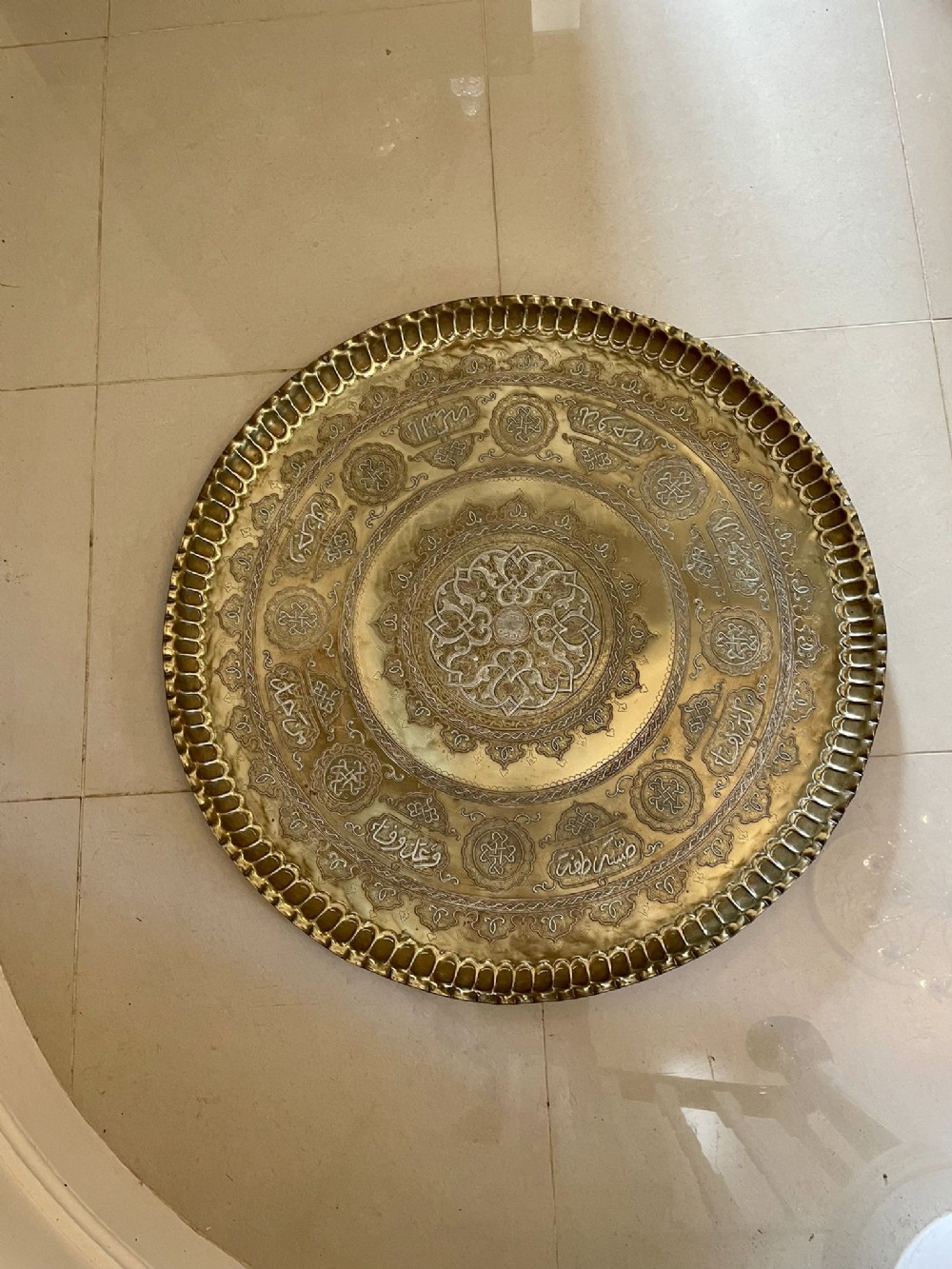   Impressive Large Antique Victorian Circular Cairoware Brass and Mixed Metal Tray
