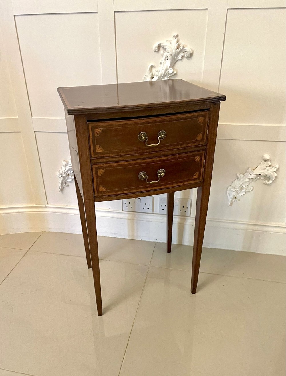  Antique Edwardian Mahogany Inlaid Bow Fronted Bedside Cabinet 