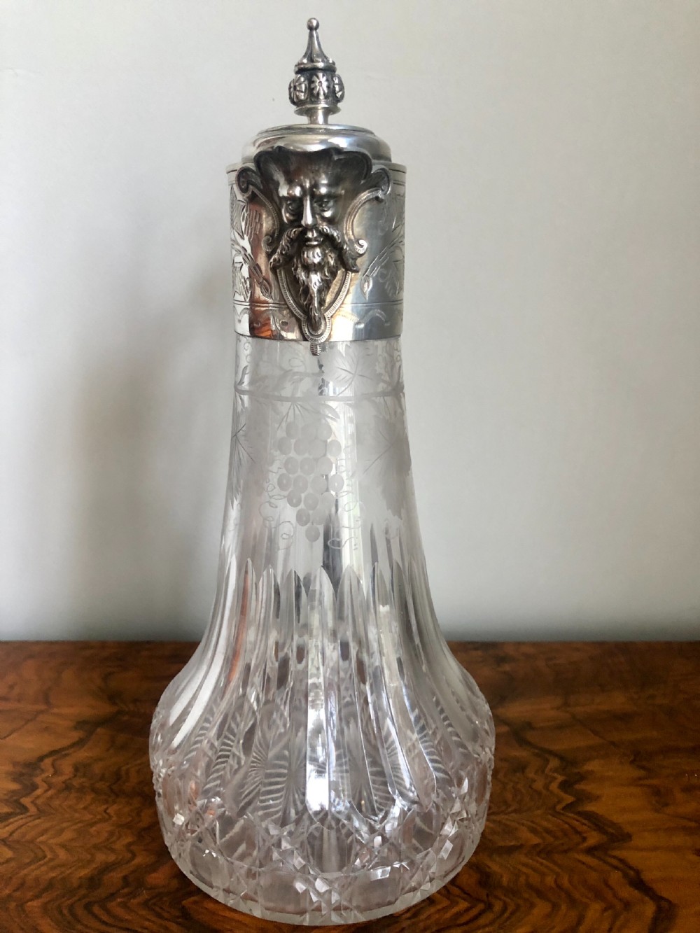 Antique Victorian Etched Glass and Silver Plated Claret Jug View II