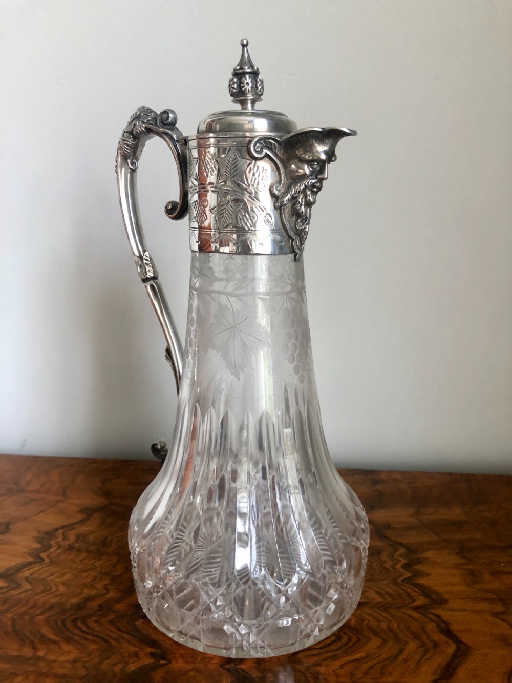 Antique Victorian Etched Glass and Silver Plated Claret Jug View III