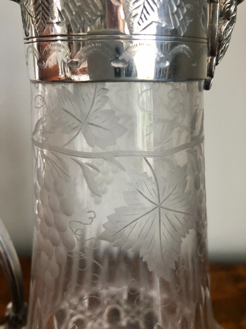 Antique Victorian Etched Glass and Silver Plated Claret Jug View IV