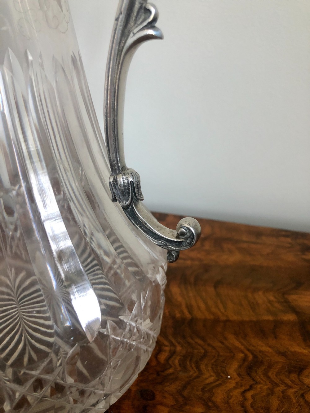 Antique Victorian Etched Glass and Silver Plated Claret Jug View V