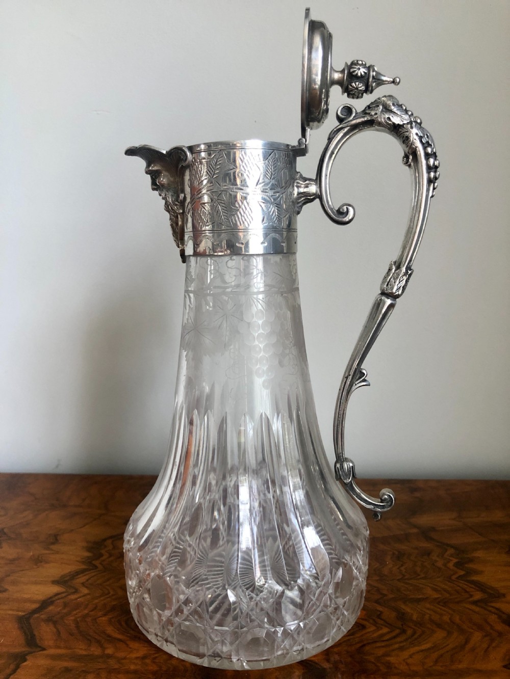 Antique Victorian Etched Glass and Silver Plated Claret Jug View VI
