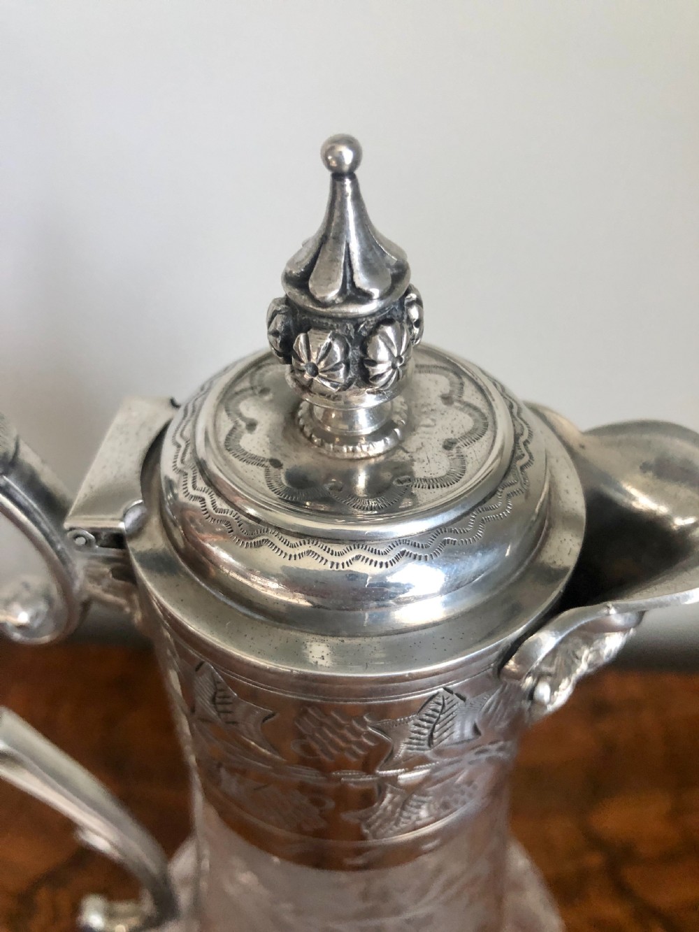 Antique Victorian Etched Glass and Silver Plated Claret Jug View VII
