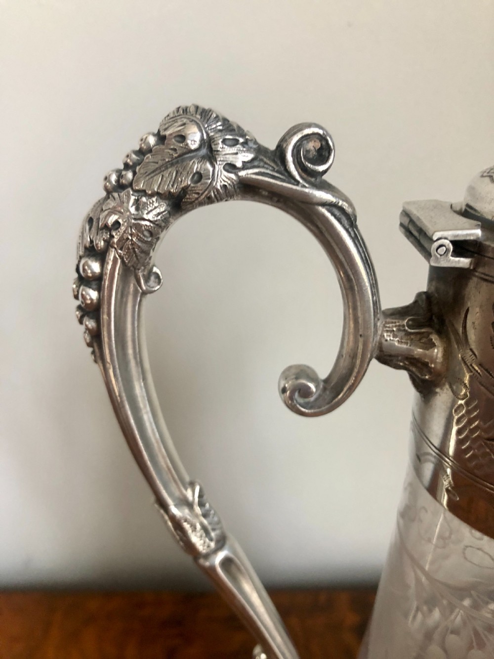 Antique Victorian Etched Glass and Silver Plated Claret Jug View VIII