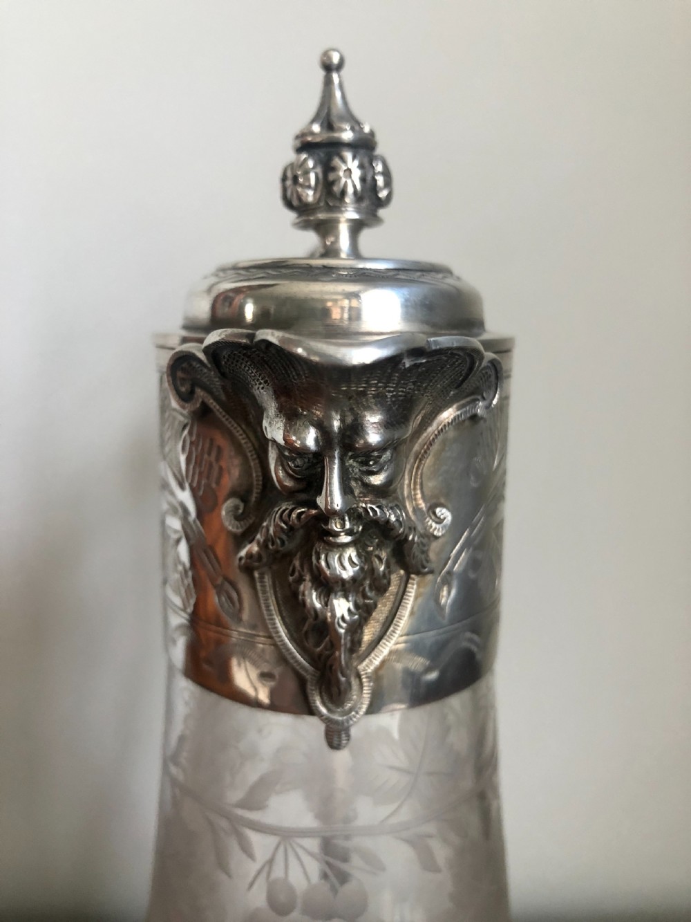 Antique Victorian Etched Glass and Silver Plated Claret Jug View IX