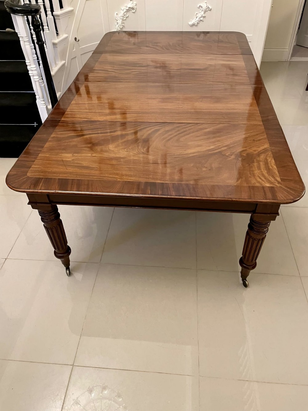 Outstanding Quality Antique Regency Figured Mahogany Extending Dining Table 