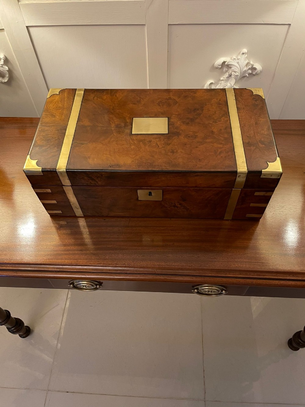  Antique Victorian Quality Burr Walnut Brass Bound Writing Box 
