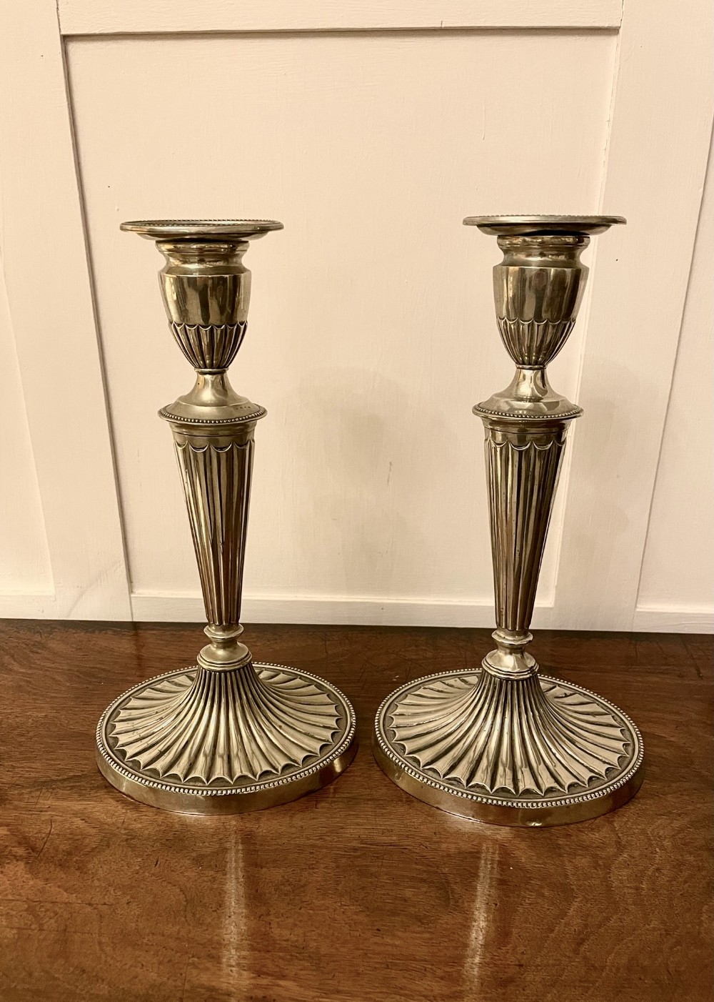  Pair Antique Edwardian Silver Painted Candlesticks 
