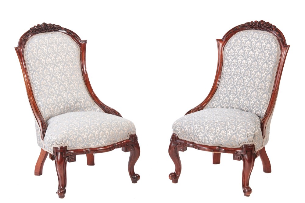 Quality Pair of Antique Victorian Carved Walnut Ladies Chairs
