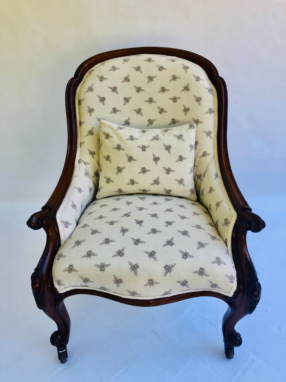 Fine Quality Antique Rosewood Victorian Armchair in Bumble Bee Fabric