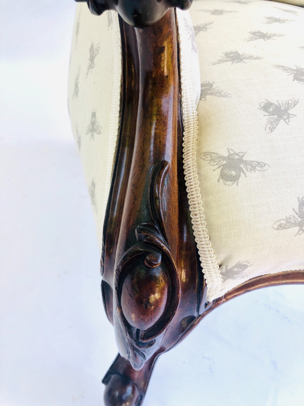 Fine Quality Antique Rosewood Victorian Armchair in Bumble Bee Fabric View VII