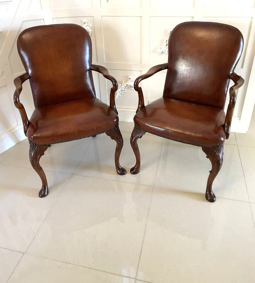  Pair of Antique Quality Leather and Carved Mahogany Desk Chairs
