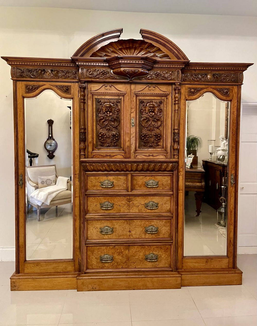   Exceptional Quality Antique Victorian Large Burr Walnut and Oak Carved Wardrobe 