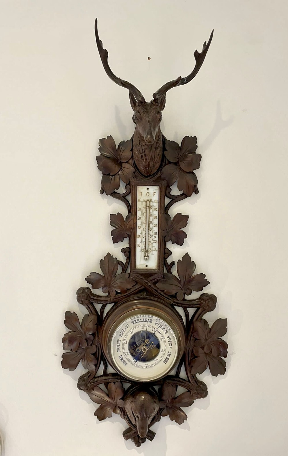 Quality Antique Black Forest Carved Walnut Aneroid Barometer 
