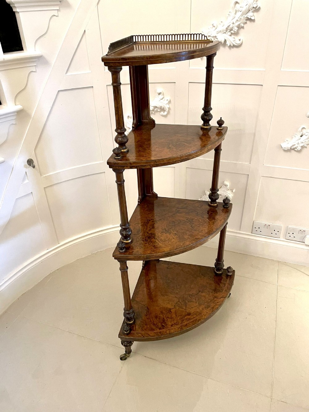  Fine Quality Antique Victorian Inlaid Burr Walnut Corner Whatnot
 
