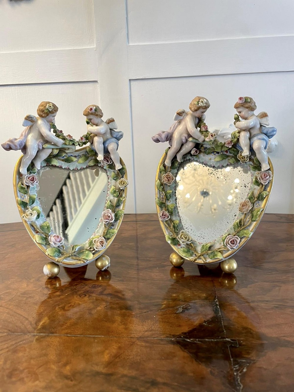 Antique Pair of Continental Porcelain Heart Shaped Mirrors

