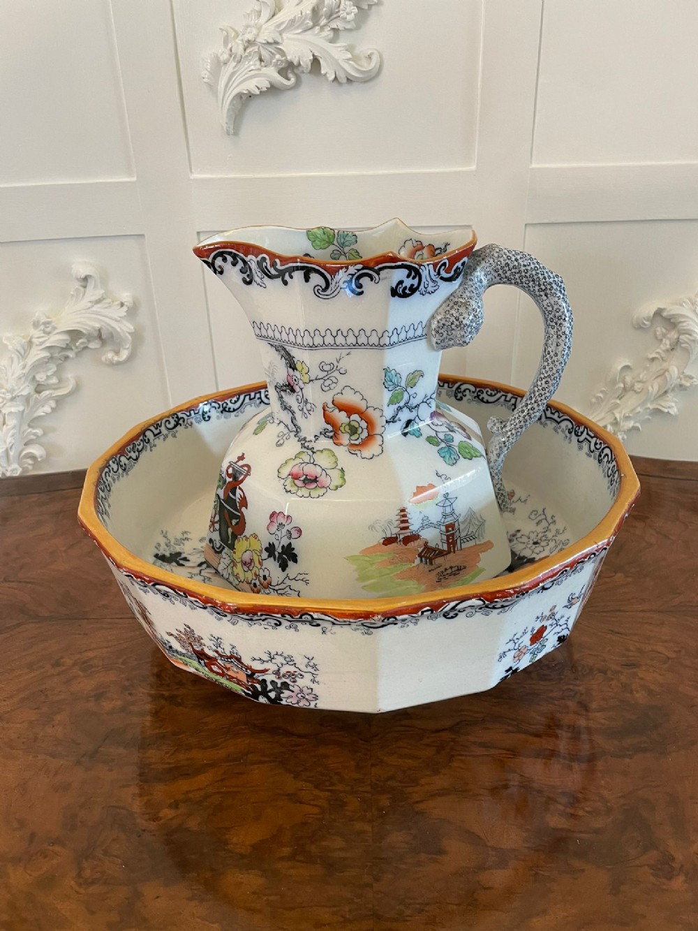  Antique Victorian Quality Masons Ironstone Jug and Bowl Set 
