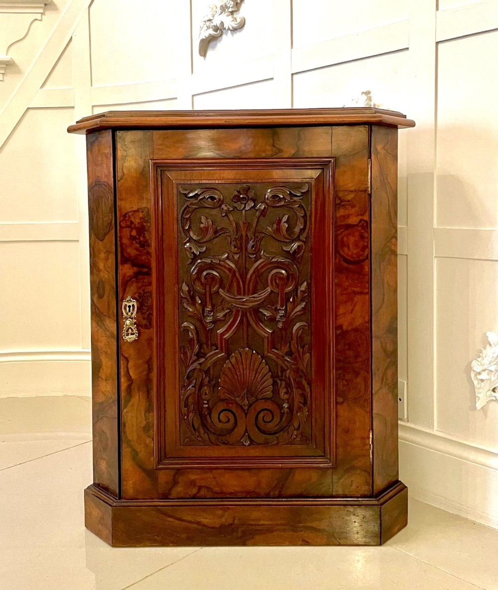  Fine Antique Victorian Burr Walnut Carved Corner Cupboard
