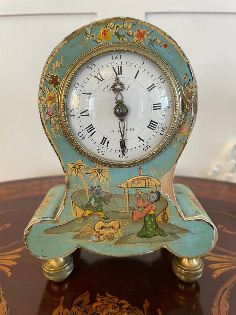  Antique French Japanned Balloon Desk Clock
