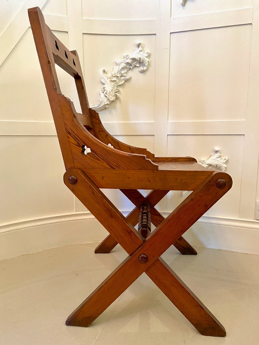  Unusual Antique Set of Twelve Gothic Pitch Pine Dining Chairs
 View VII