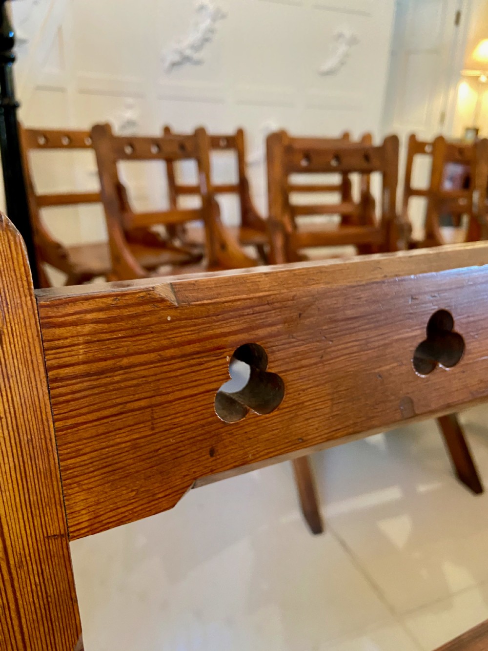  Unusual Antique Set of Twelve Gothic Pitch Pine Dining Chairs
 View XV