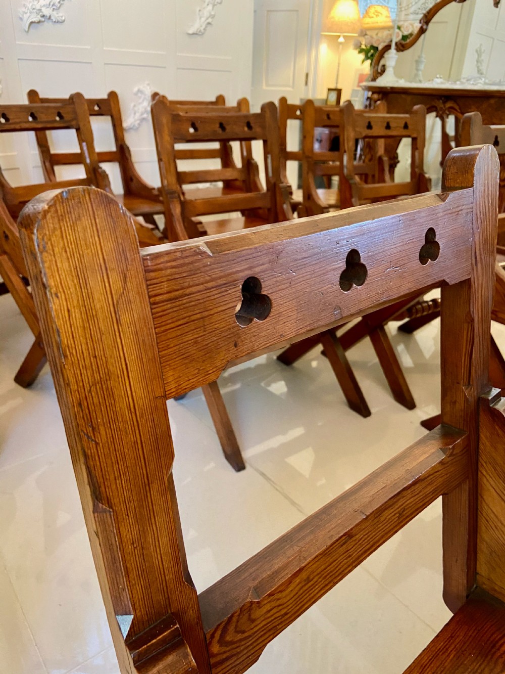  Unusual Antique Set of Twelve Gothic Pitch Pine Dining Chairs
 View XVI