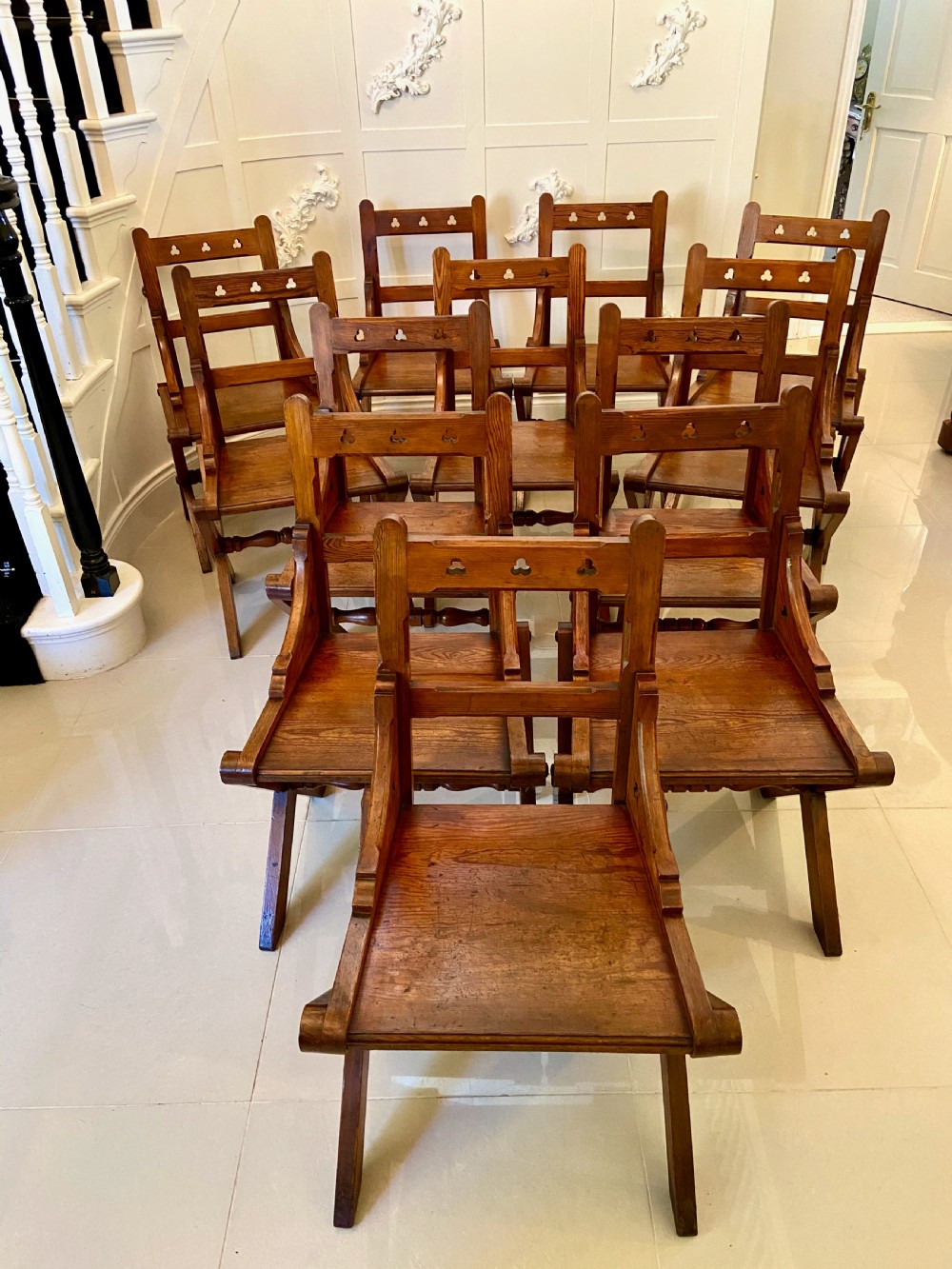  Unusual Antique Set of Twelve Gothic Pitch Pine Dining Chairs
 View XVII