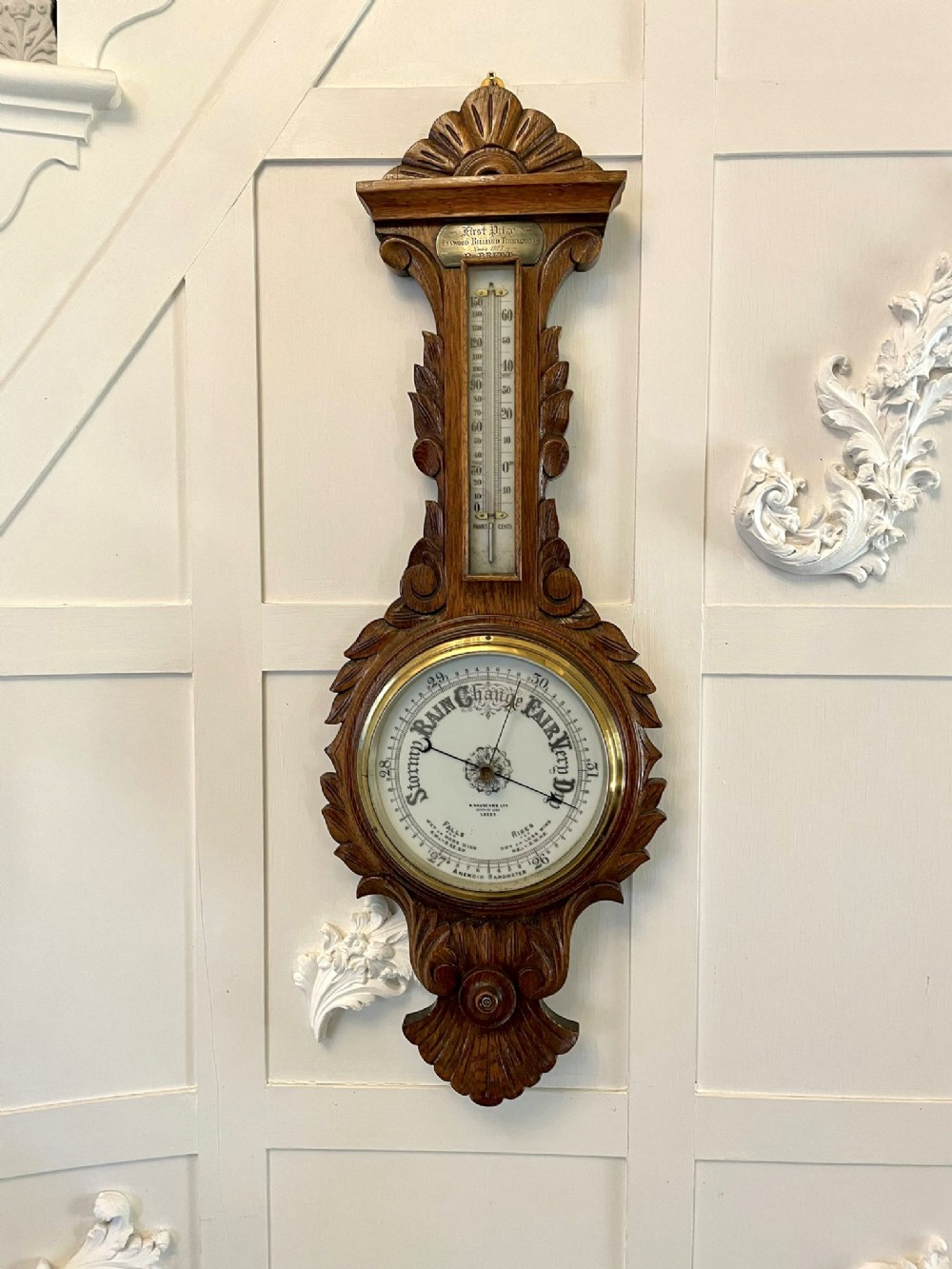  Antique Edwardian Quality Carved Oak Aneroid Banjo Barometer 
