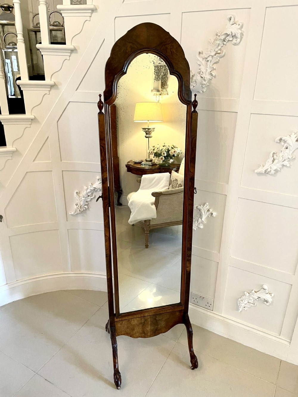  Antique Quality Burr Walnut Carved Cheval Mirror 
