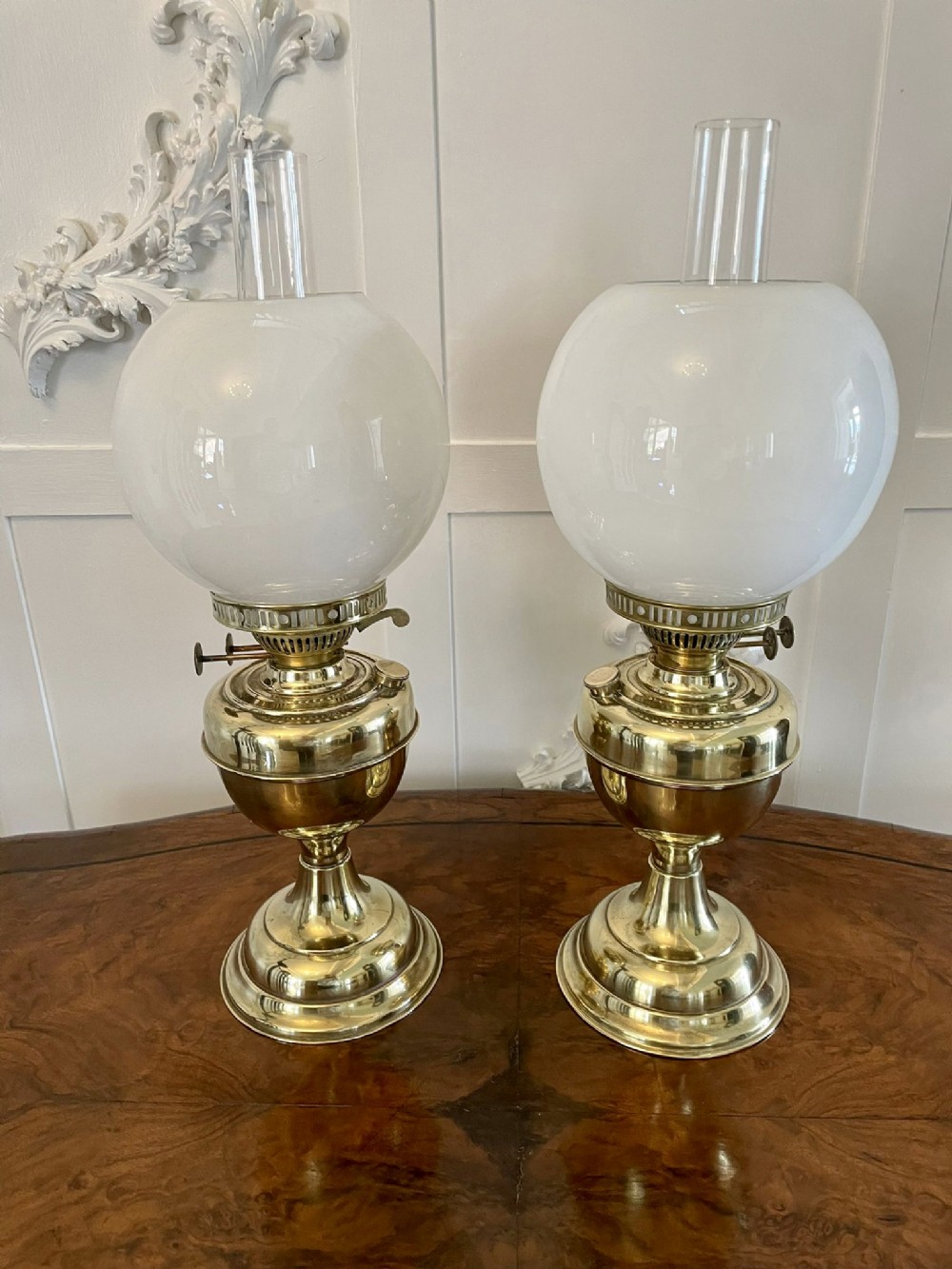   Unusual Pair of Quality Antique Brass Oil Lamps 
