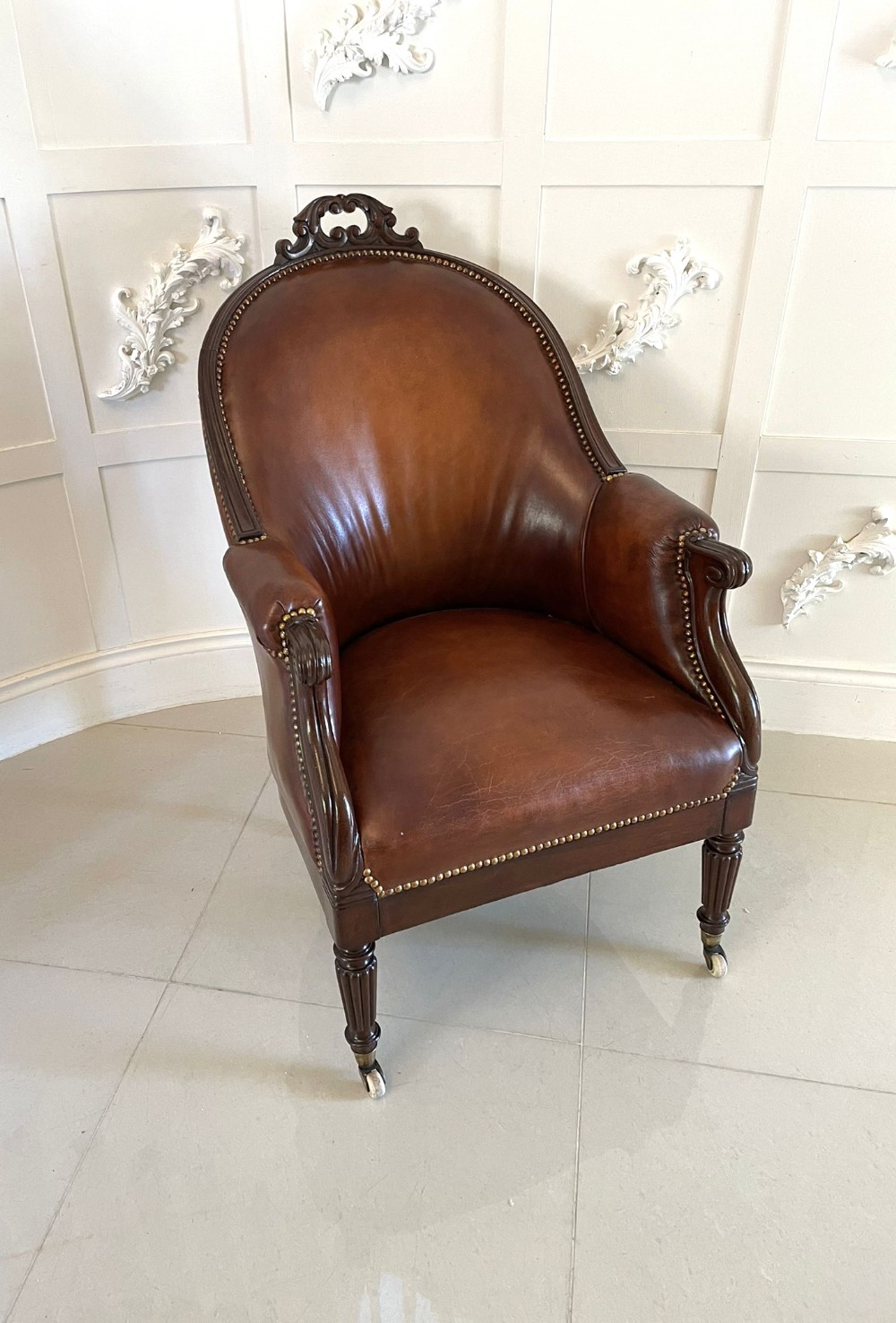 Outstanding Quality Antique Regency Carved Mahogany and Leather Library Chair 
